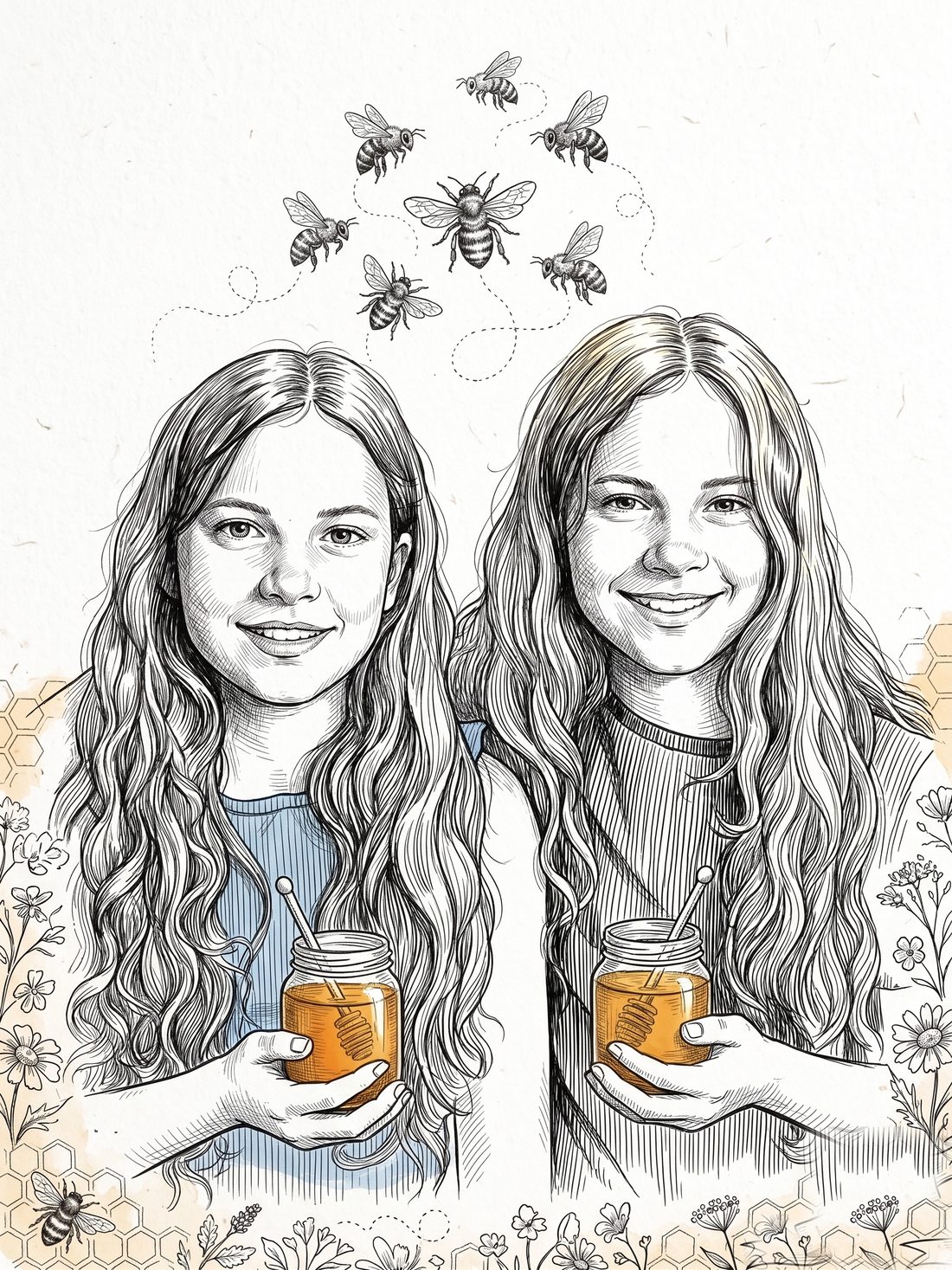 Tekening van Sarah en Hannah met potjes honing en bijen